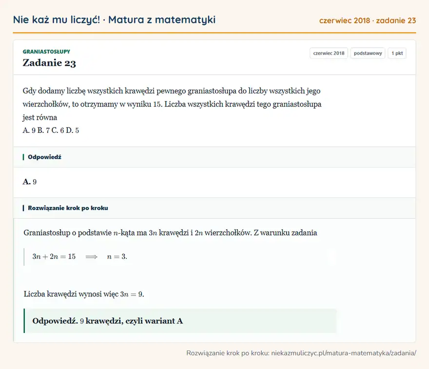 Rozwiązanie zadania 23 (matura z matematyki czerwiec 2018): Gdy dodamy liczbę wszystkich krawędzi pewnego graniastosłupa do liczby wszystkich jego wierzchołków, to…