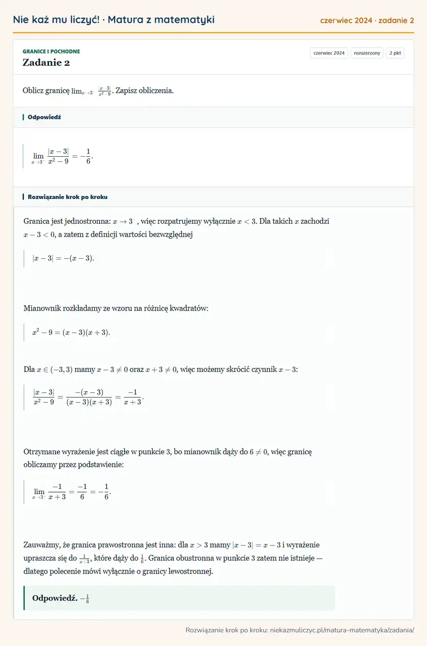 Rozwiązanie zadania 2 (matura z matematyki czerwiec 2024): Oblicz granicę 3^-|x-3|x²-9. Zapisz obliczenia.