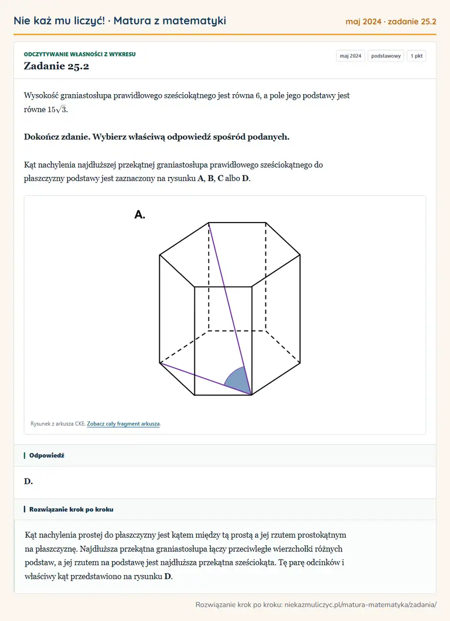 Rozwiązanie zadania 25.2 (matura z matematyki maj 2024): Wysokość graniastosłupa prawidłowego sześciokątnego jest równa 6, a pole jego podstawy jest równe 15√3…