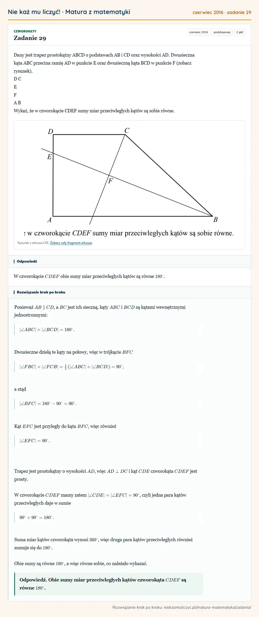 Rozwiązanie zadania 29 (matura z matematyki czerwiec 2016): Dany jest trapez prostokątny ABCD o podstawach AB i CD oraz wysokości AD. Dwusieczna kąta ABC przecina ramię…