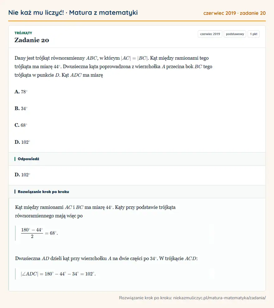 Rozwiązanie zadania 20 (matura z matematyki czerwiec 2019): Dany jest trójkąt równoramienny ABC, w którym |AC|=|BC|. Kąt między ramionami tego trójkąta ma miarę 44°…
