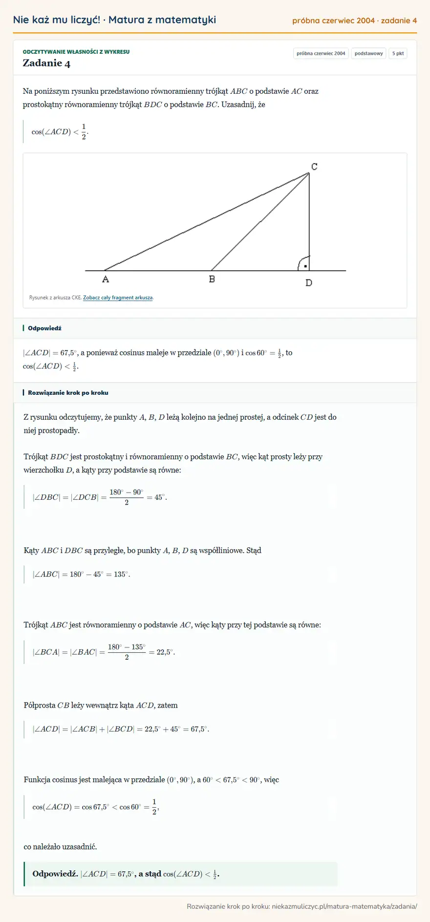 Rozwiązanie zadania 4 (matura z matematyki próbna czerwiec 2004): Na poniższym rysunku przedstawiono równoramienny trójkąt ABC o podstawie AC oraz prostokątny równoramienny…