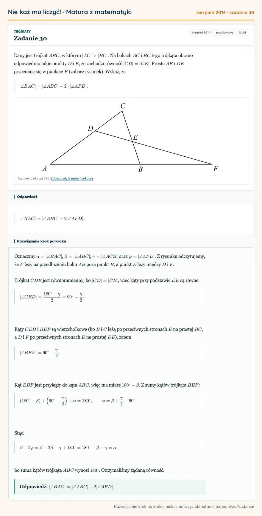 Rozwiązanie zadania 30 (matura z matematyki sierpień 2014): Dany jest trójkąt ABC, w którym |AC|>|BC|. Na bokach AC i BC tego trójkąta obrano odpowiednio takie punkty D…