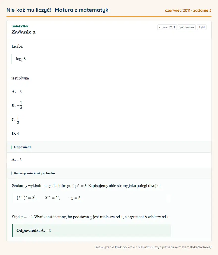 Rozwiązanie zadania 3 (matura z matematyki czerwiec 2011): Liczba log128 jest równa A. -3 B. -13 C. 13 D. 4
