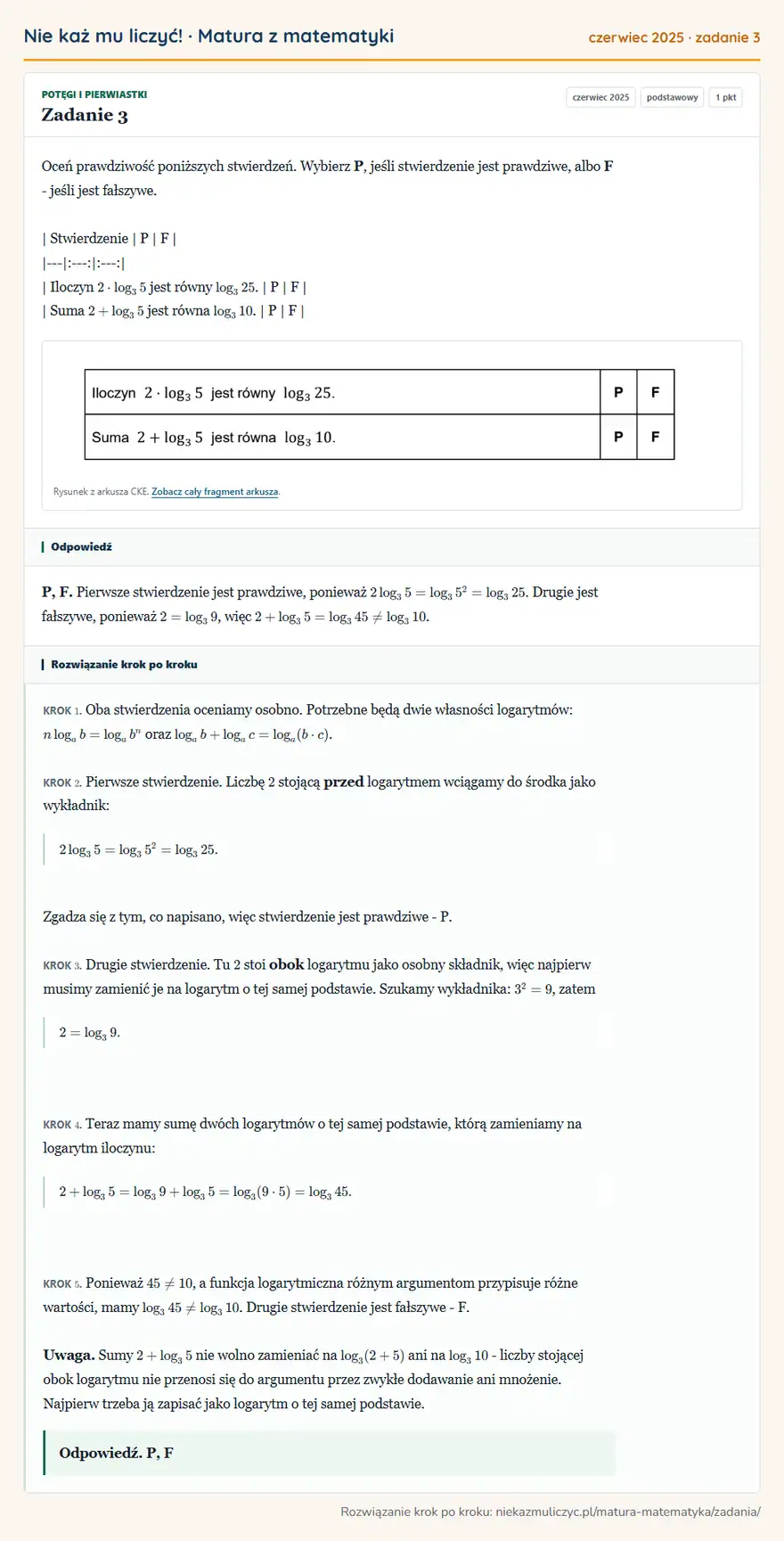 Rozwiązanie zadania 3 (matura z matematyki czerwiec 2025): Oceń prawdziwość poniższych stwierdzeń. Wybierz P, jeśli stwierdzenie jest prawdziwe, albo F - jeśli jest…