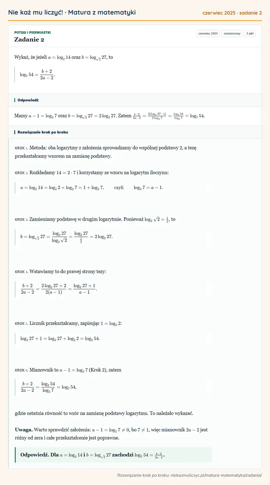 Rozwiązanie zadania 2 (matura z matematyki czerwiec 2025): Wykaż, że jeżeli a=log214 oraz b=log√227, to log754=b+2/2a-2.