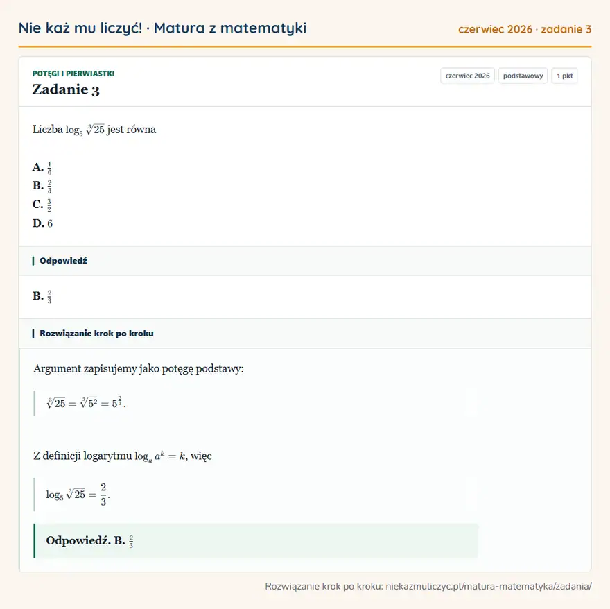 Rozwiązanie zadania 3 (matura z matematyki czerwiec 2026): Liczba log53√25 jest równa A. 1/6 B. 2/3 C. 3/2 D. 6