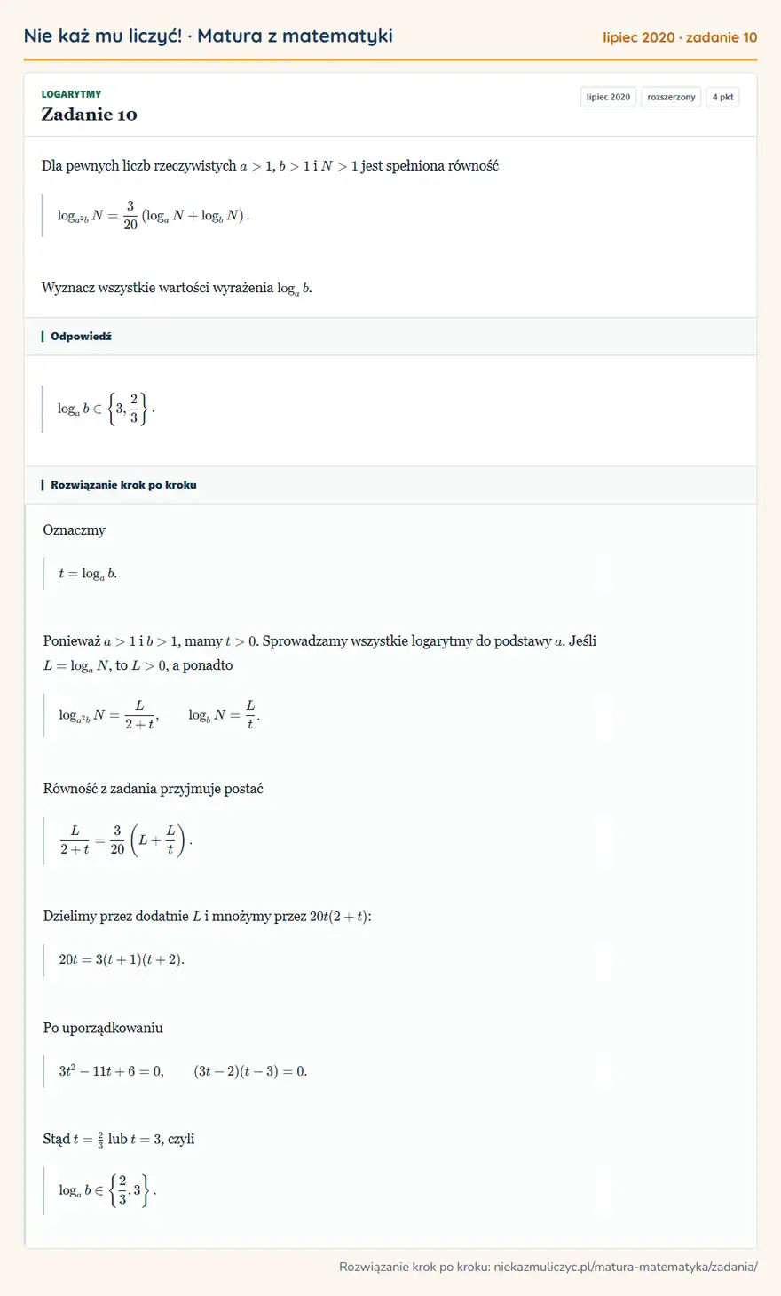 Rozwiązanie zadania 10 (matura z matematyki lipiec 2020): Dla pewnych liczb rzeczywistych a>1, b>1 i N>1 jest spełniona równość loga²bN=320 (logaN+logbN ). Wyznacz…