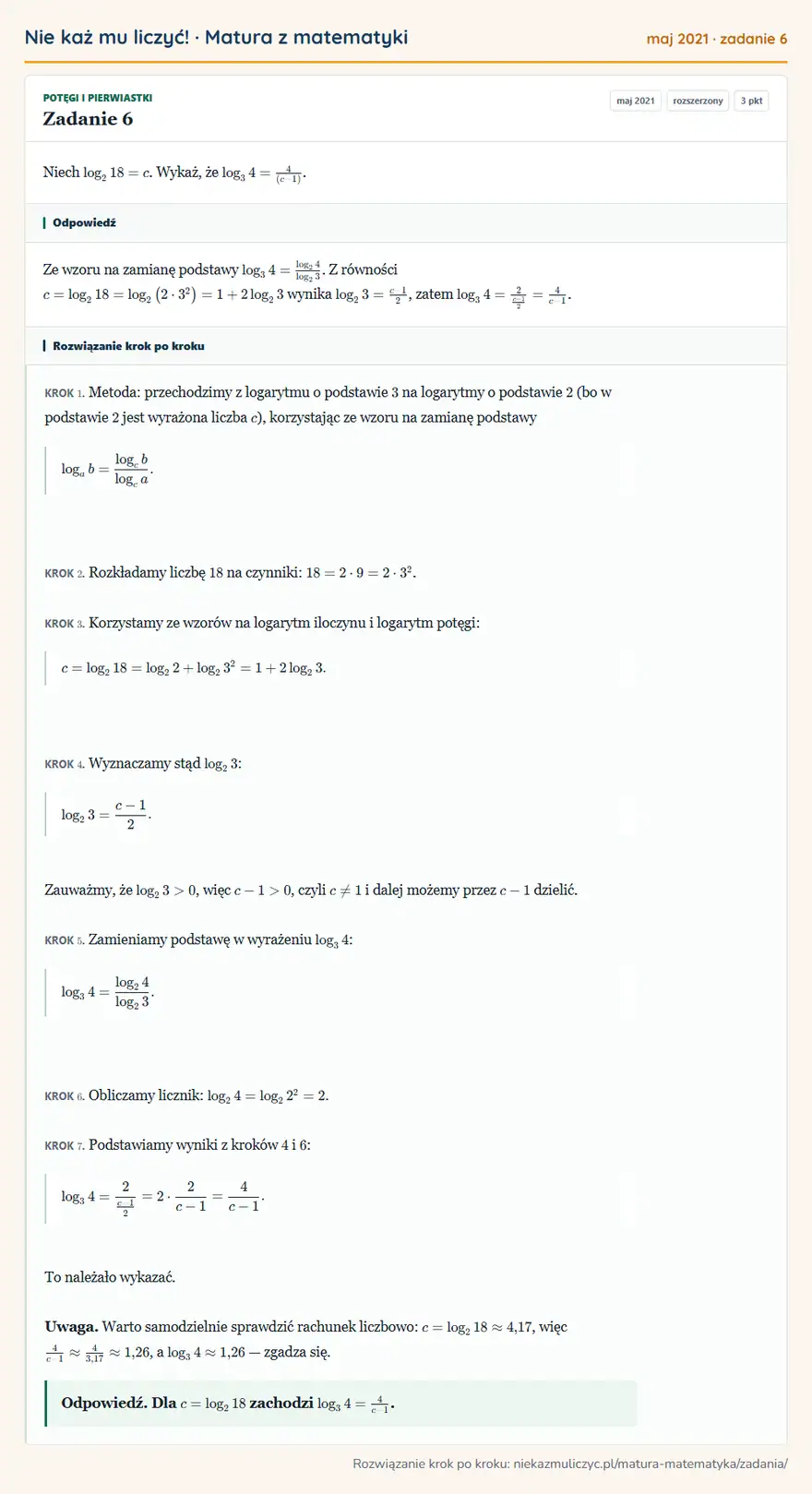 Rozwiązanie zadania 6 (matura z matematyki maj 2021): Niech log218=c. Wykaż, że log34=4/(c-1).
