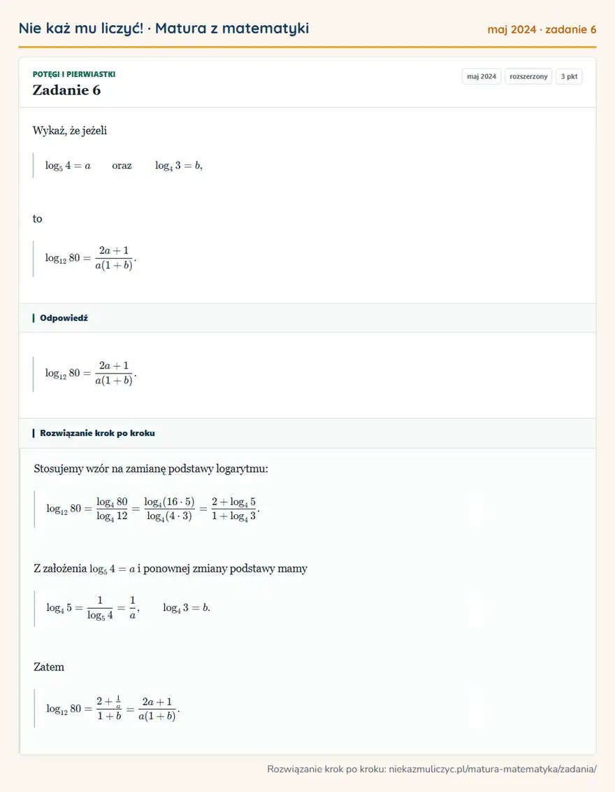 Rozwiązanie zadania 6 (matura z matematyki maj 2024): Wykaż, że jeżeli log5 4=a oraz log4 3=b, to log1280=2a+1/a(1+b).