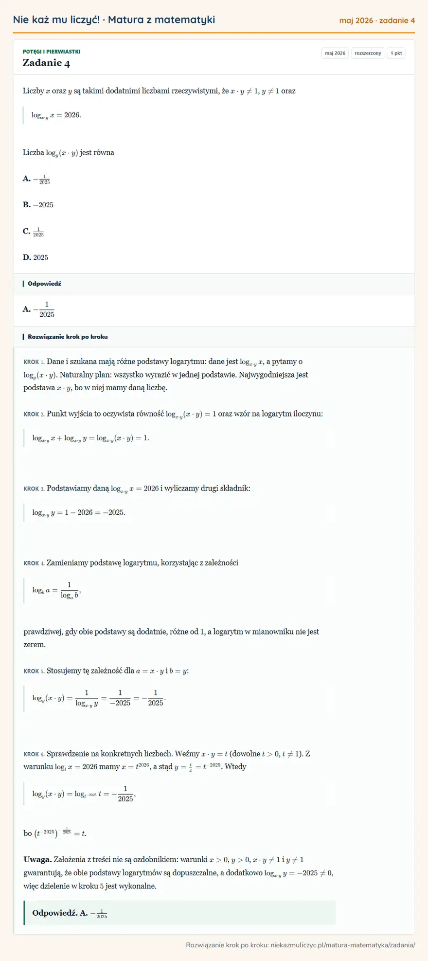 Rozwiązanie zadania 4 (matura z matematyki maj 2026): Liczby x oraz y są takimi dodatnimi liczbami rzeczywistymi, że x· y≠1, y≠1 oraz logx· yx=2026. Liczba logy(x·…