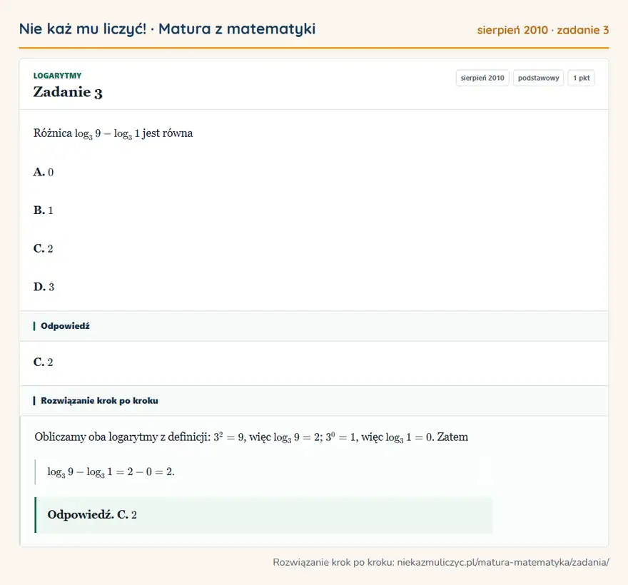 Rozwiązanie zadania 3 (matura z matematyki sierpień 2010): Różnica log3 9-log3 1 jest równa A. 0 B. 1 C. 2 D. 3