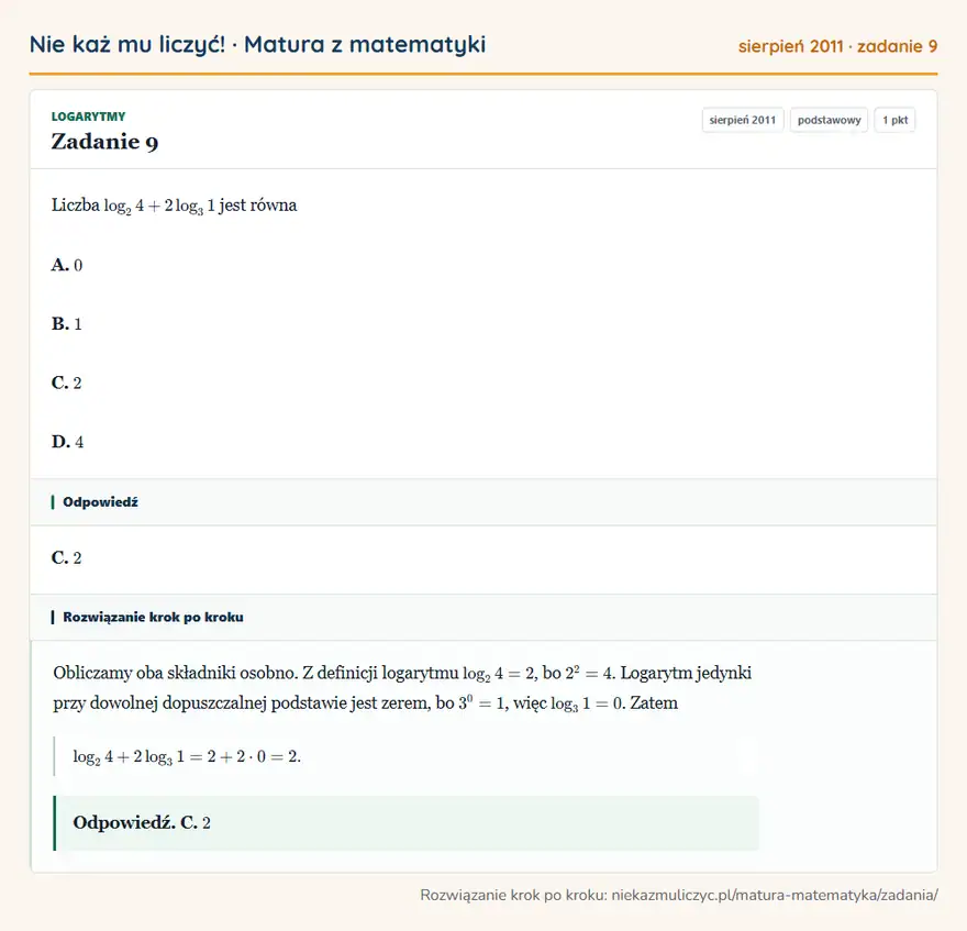Rozwiązanie zadania 9 (matura z matematyki sierpień 2011): Liczba log2 4+2log3 1 jest równa A. 0 B. 1 C. 2 D. 4