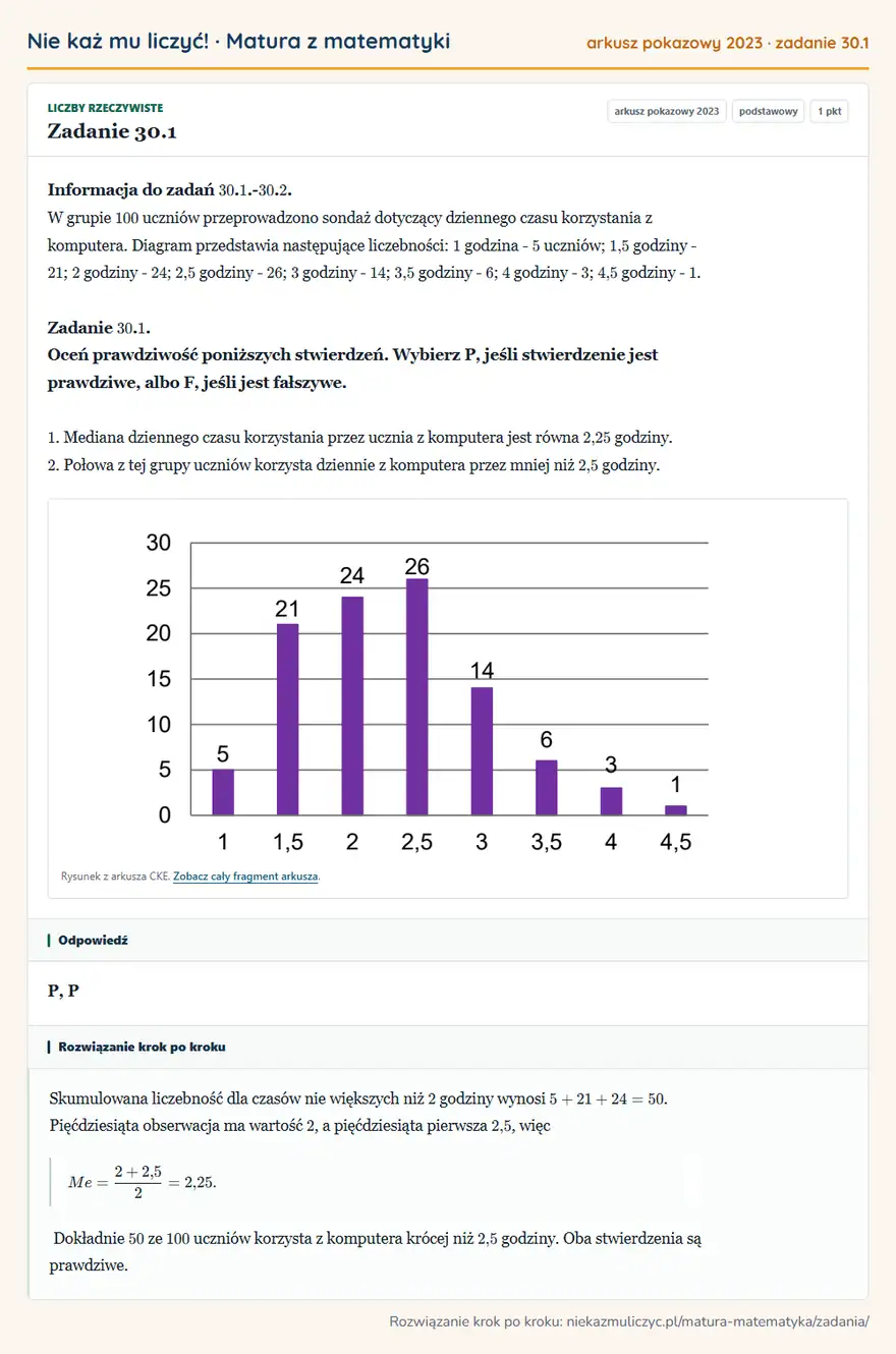 Rozwiązanie zadania 30.1 (matura z matematyki, arkusz pokazowy 2023): Informacja do zadań 30. 1.- 30. 2. W grupie 100 uczniów przeprowadzono sondaż dotyczący dziennego czasu…