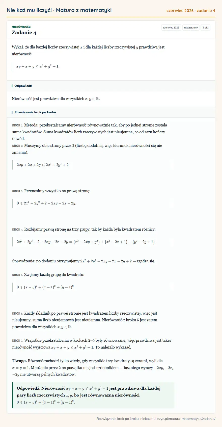 Rozwiązanie zadania 4 (matura z matematyki czerwiec 2026): Wykaż, że dla każdej liczby rzeczywistej x i dla każdej liczby rzeczywistej y prawdziwa jest nierówność…