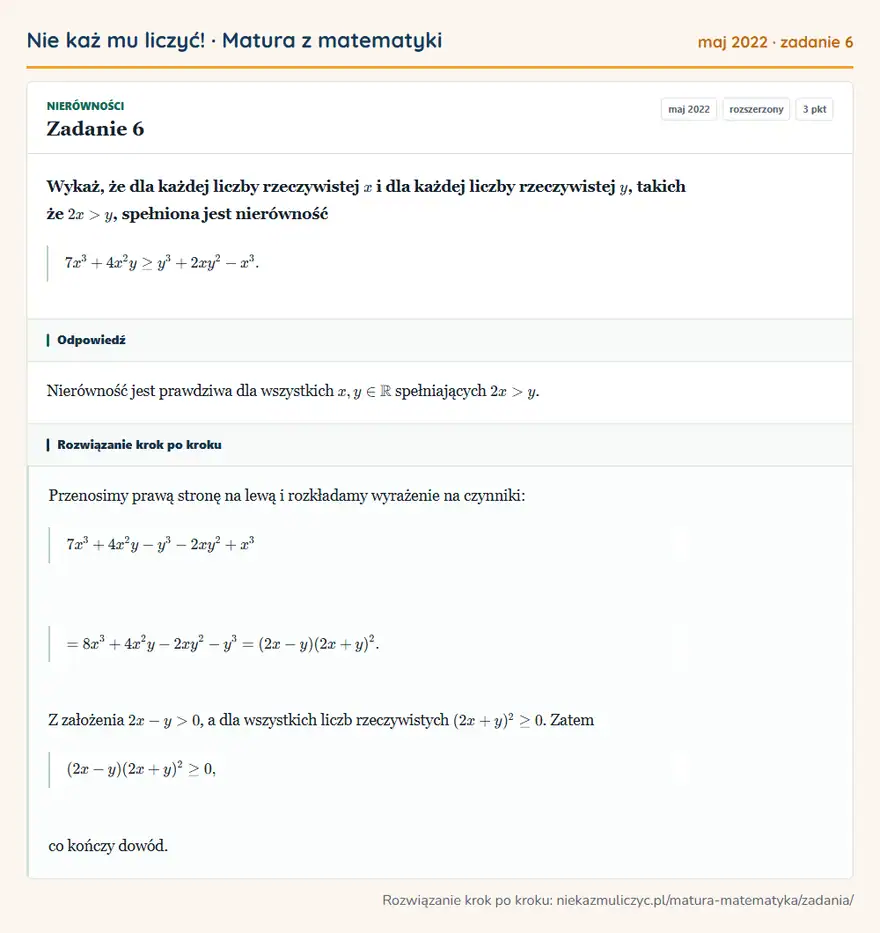 Rozwiązanie zadania 6 (matura z matematyki maj 2022): Wykaż, że dla każdej liczby rzeczywistej x i dla każdej liczby rzeczywistej y, takich że 2x>y, spełniona jest…