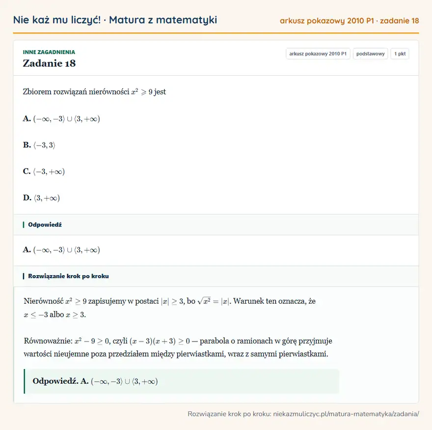 Rozwiązanie zadania 18 (matura z matematyki, arkusz pokazowy 2010 P1): Zbiorem rozwiązań nierówności x²≥slant9 jest A. ( -∞,-33,+∞) B. -3,3 C. -3,+∞) D. 3,+∞)