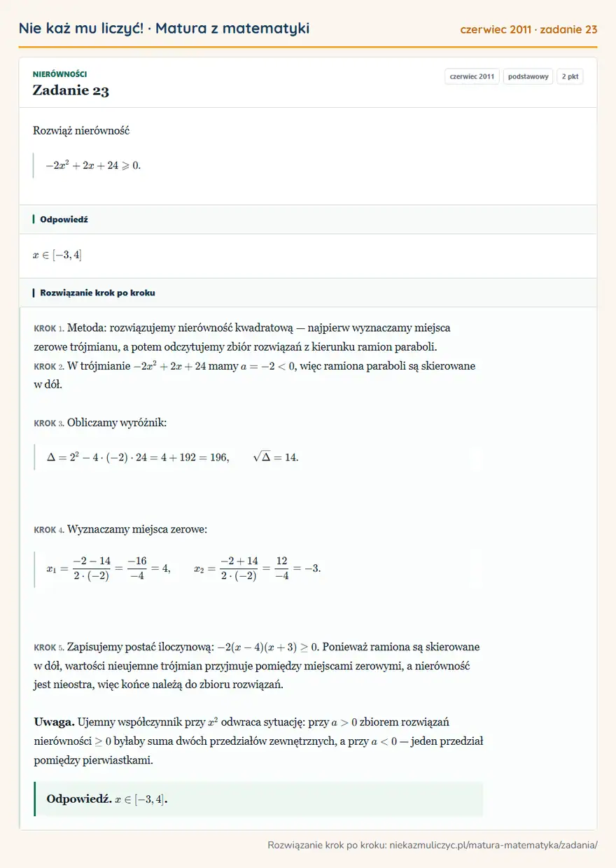 Rozwiązanie zadania 23 (matura z matematyki czerwiec 2011): Rozwiąż nierówność -2x²+2x+24≥slant0.