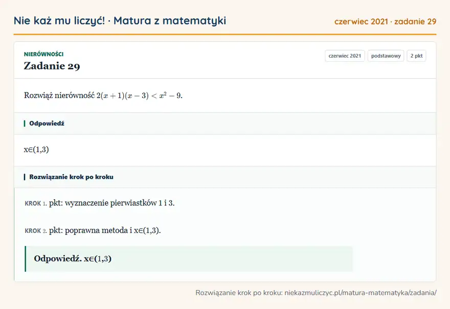 Rozwiązanie zadania 29 (matura z matematyki czerwiec 2021): Rozwiąż nierówność 2(x+1)(x-3)<x²-9.