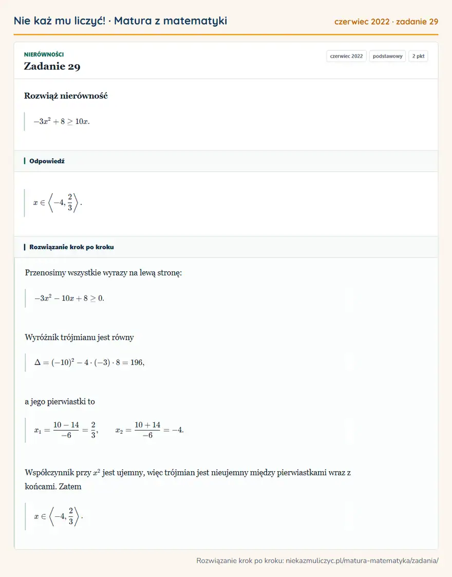 Rozwiązanie zadania 29 (matura z matematyki czerwiec 2022): Rozwiąż nierówność -3x²+8≥10x.