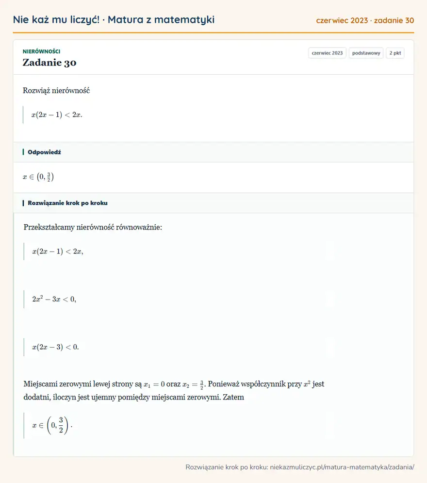 Rozwiązanie zadania 30, matura z matematyki czerwiec 2023, poziom podstawowy: Rozwiąż nierówność x(2x-1)<2x. Odpowiedź: x∈ (0,3/2 )