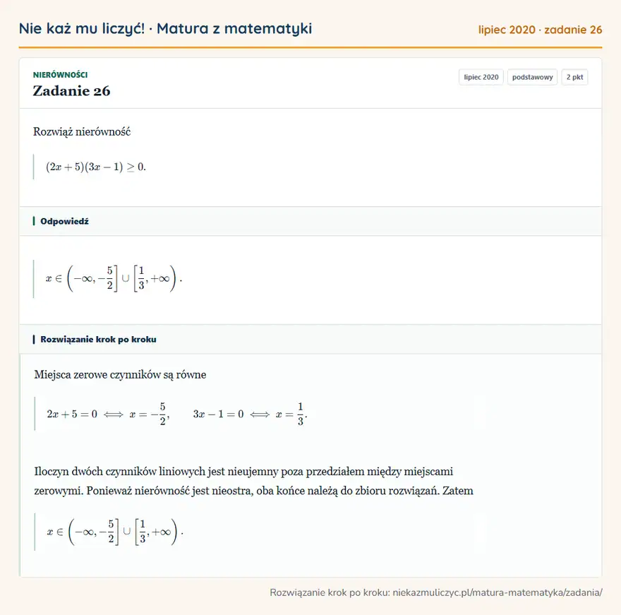 Rozwiązanie zadania 26 (matura z matematyki lipiec 2020): Rozwiąż nierówność (2x+5)(3x-1)≥0.
