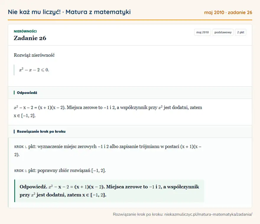 Rozwiązanie zadania 26 (matura z matematyki maj 2010): Rozwiąż nierówność x²-x-2≤slant0.