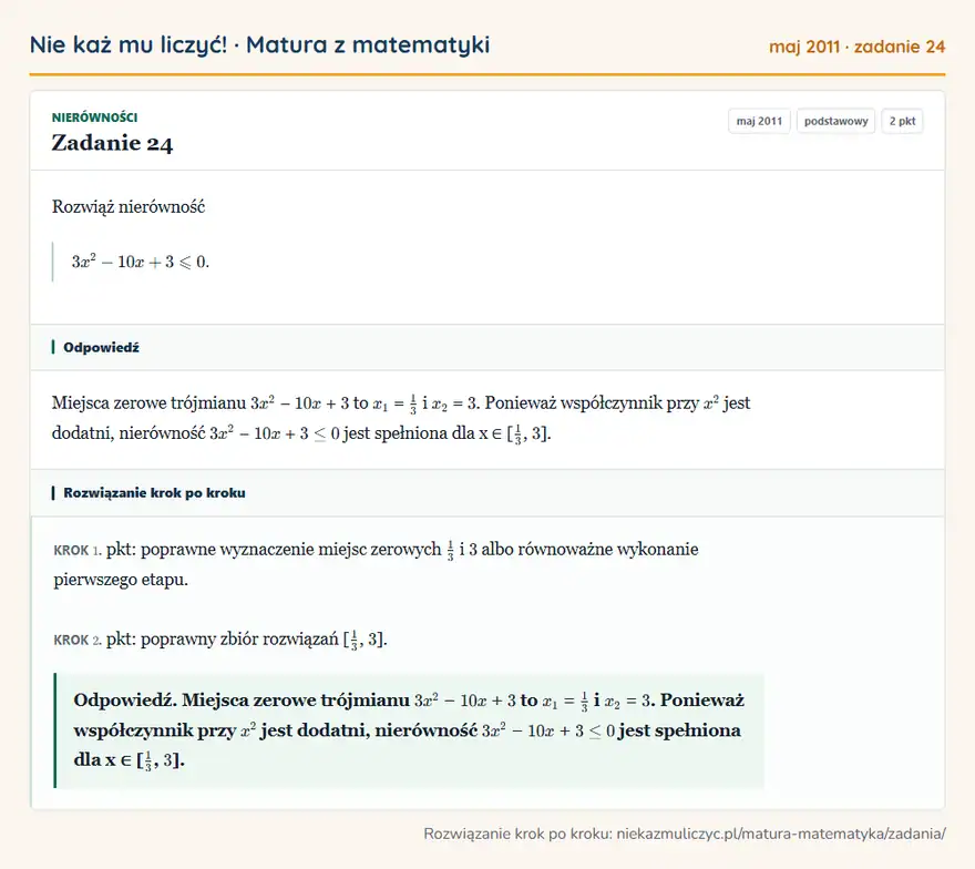 Rozwiązanie zadania 24 (matura z matematyki maj 2011): Rozwiąż nierówność 3x²-10x+3≤slant0.