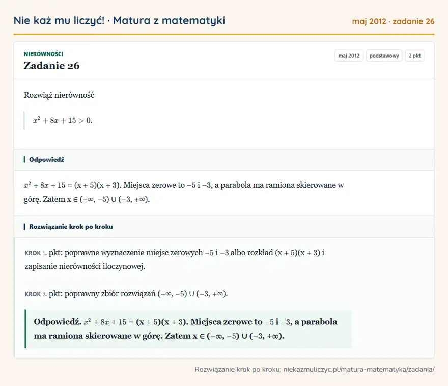 Rozwiązanie zadania 26 (matura z matematyki maj 2012): Rozwiąż nierówność x²+8x+15>0.