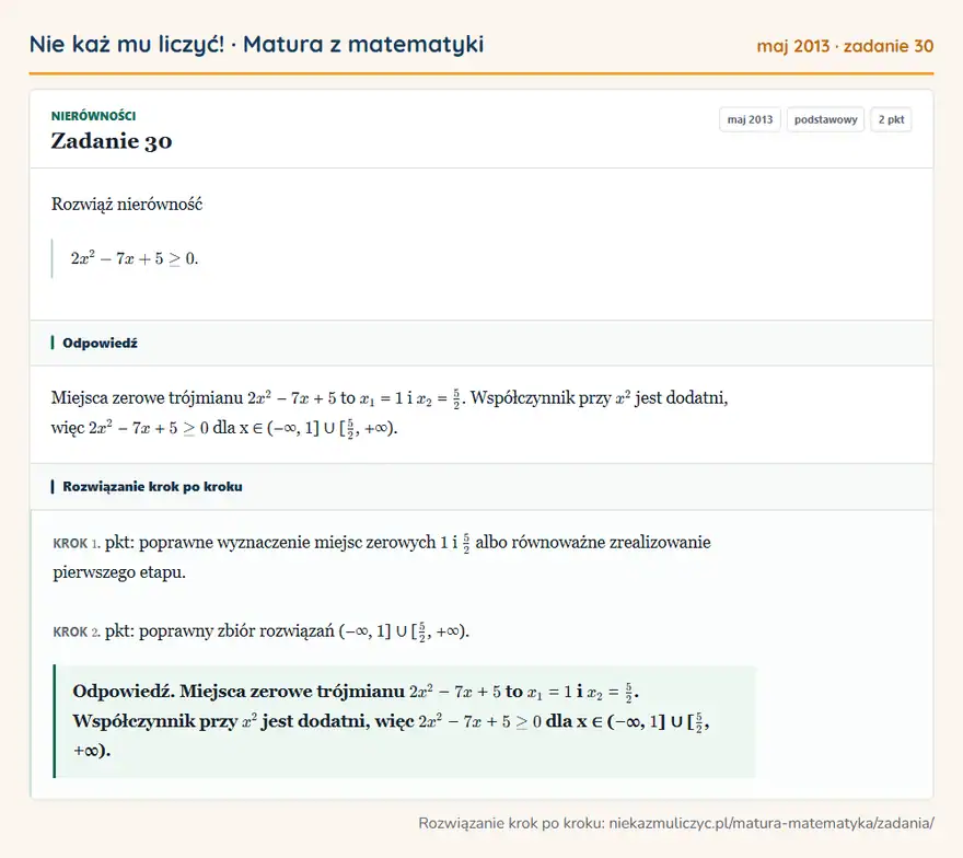 Rozwiązanie zadania 30 (matura z matematyki maj 2013): Rozwiąż nierówność 2x²-7x+5≥0.
