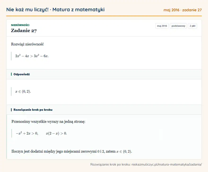Rozwiązanie zadania 27 (matura z matematyki maj 2016): Rozwiąż nierówność 2x²-4x>3x²-6x.