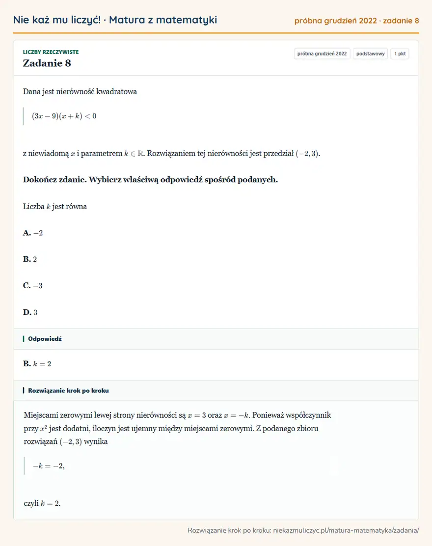 Rozwiązanie zadania 8 (matura z matematyki próbna grudzień 2022): Dana jest nierówność kwadratowa (3x-9)(x+k)<0 z niewiadomą x i parametrem k∈ R. Rozwiązaniem tej nierówności…