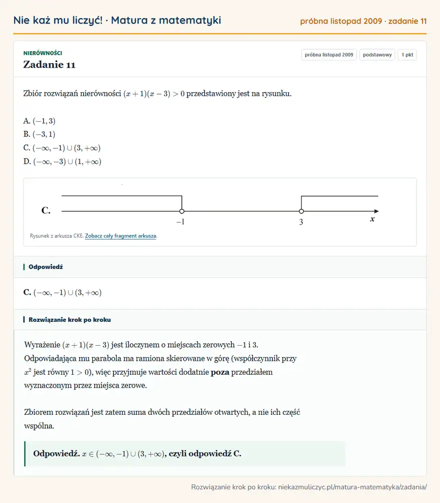 Rozwiązanie zadania 11 (matura z matematyki próbna listopad 2009): Zbiór rozwiązań nierówności (x+1)(x-3)>0 przedstawiony jest na rysunku. A. (-1,3) B. (-3,1) C. ( -∞,-1)(3,+∞)…