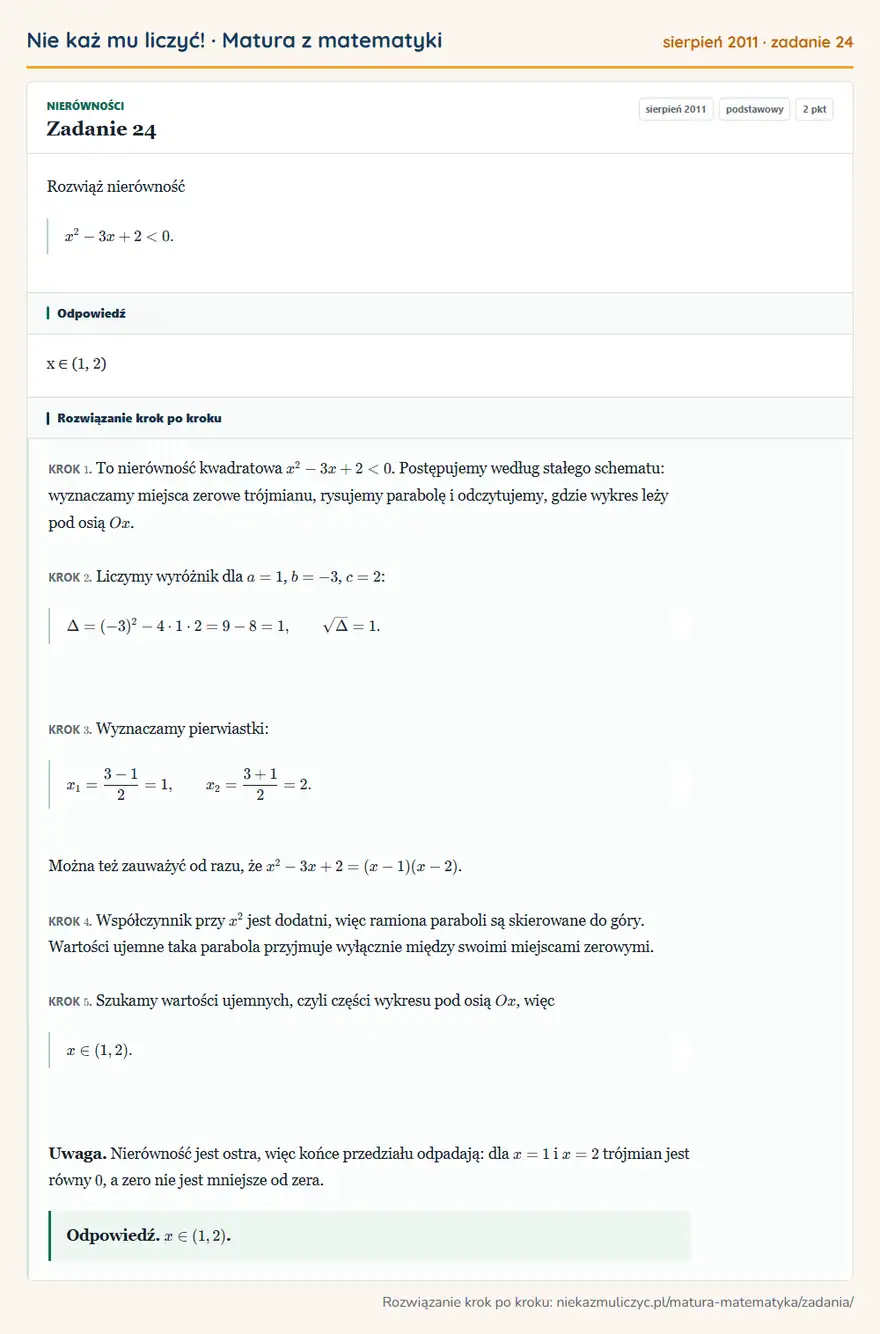 Rozwiązanie zadania 24, matura z matematyki sierpień 2011, poziom podstawowy: Rozwiąż nierówność x²-3x+2<0. Odpowiedź: x ∈ ( 1, 2 )