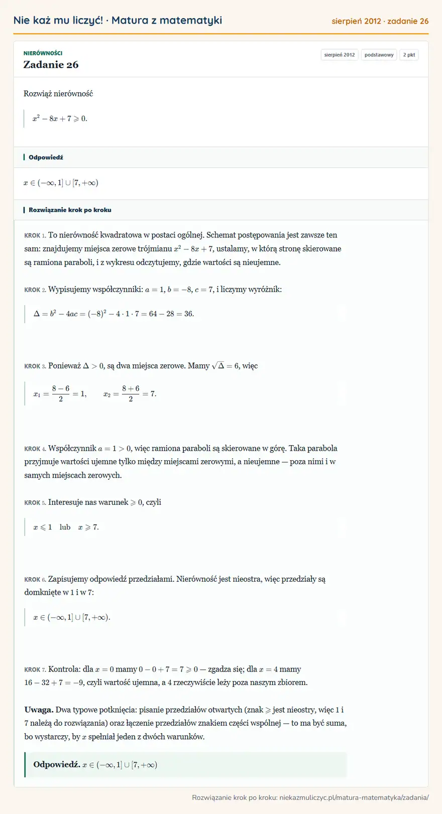 Rozwiązanie zadania 26 (matura z matematyki sierpień 2012): Rozwiąż nierówność x²-8x+7≥slant0.