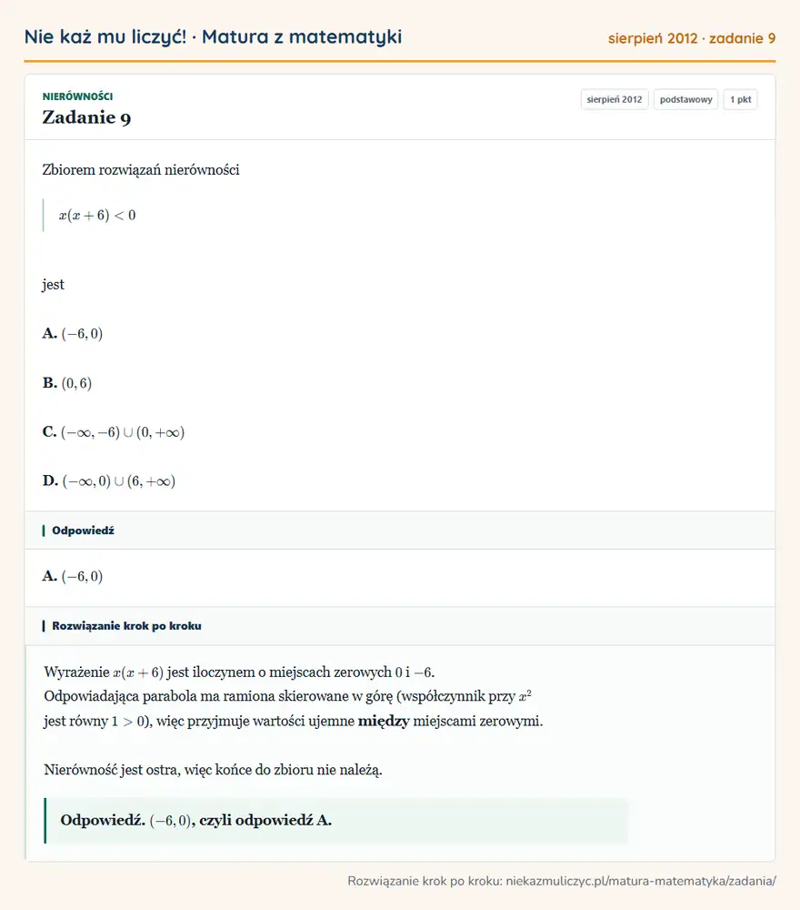Rozwiązanie zadania 9 (matura z matematyki sierpień 2012): Zbiorem rozwiązań nierówności x(x+6)<0 jest A. (-6,0) B. (0,6) C. ( -∞,-6)(0,+∞) D. ( -∞,0)(6,+∞)