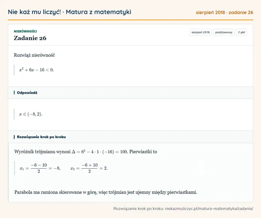 Rozwiązanie zadania 26, matura z matematyki sierpień 2018, poziom podstawowy: Rozwiąż nierówność x²+6x-16<0. Odpowiedź: x∈(-8,2)
