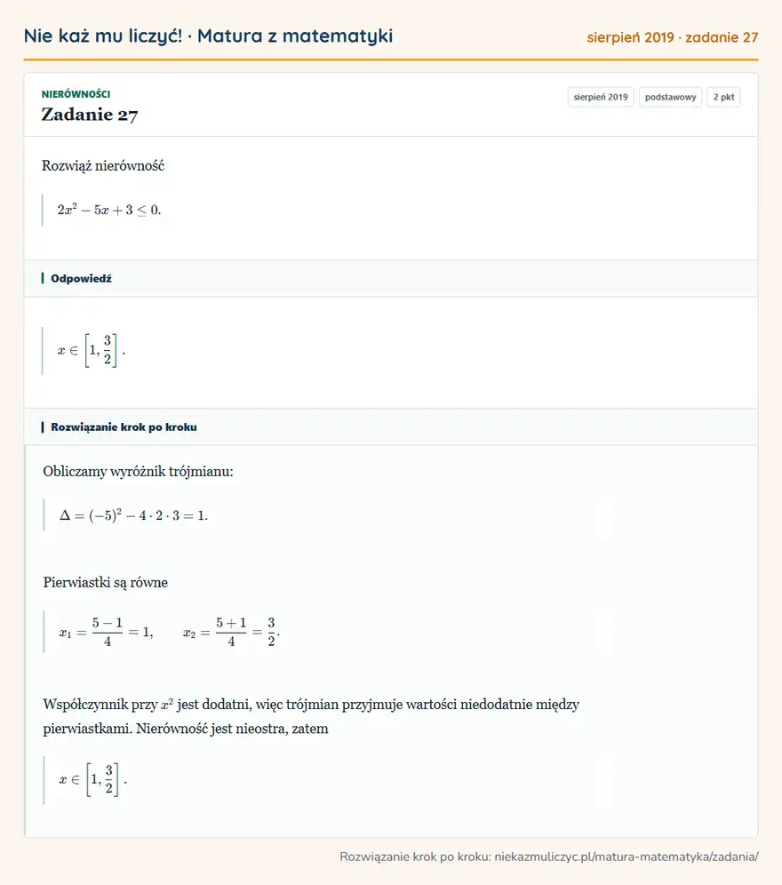 Rozwiązanie zadania 27 (matura z matematyki sierpień 2019): Rozwiąż nierówność 2x²-5x+3≤0.
