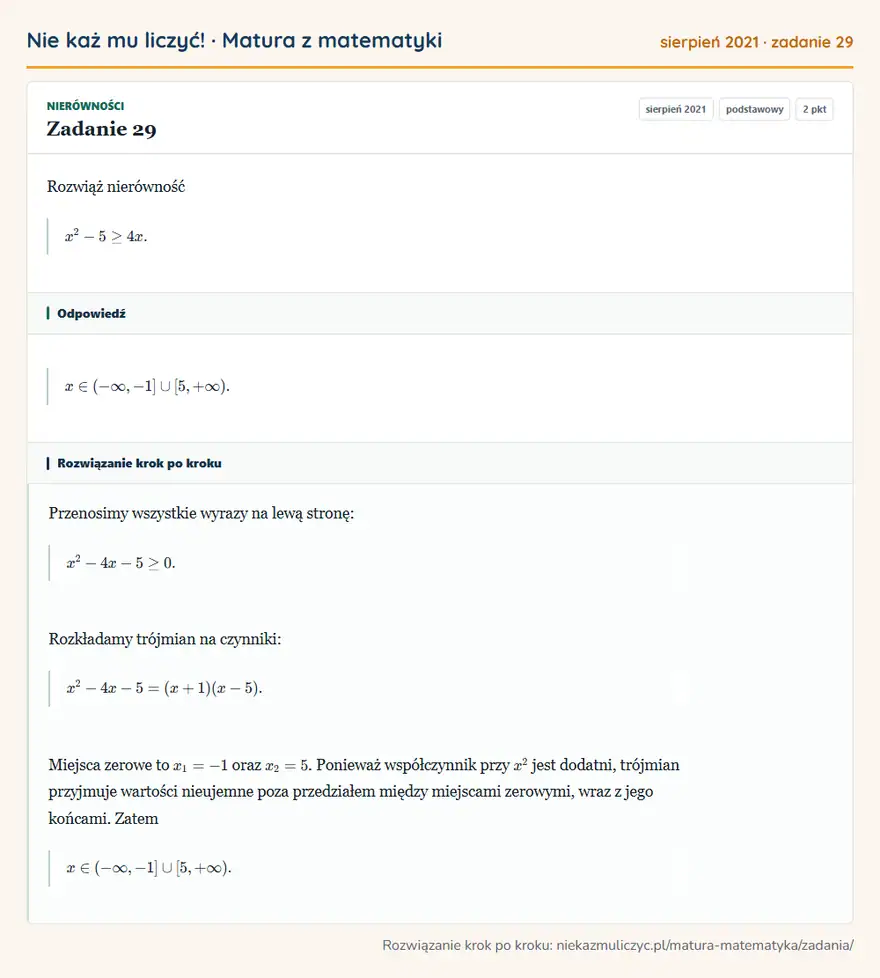 Rozwiązanie zadania 29 (matura z matematyki sierpień 2021): Rozwiąż nierówność x²-5≥4x.