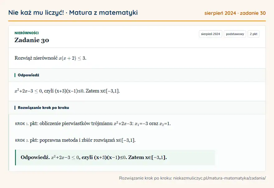 Rozwiązanie zadania 30 (matura z matematyki sierpień 2024): Rozwiąż nierówność x(x+2) ≤ 3.