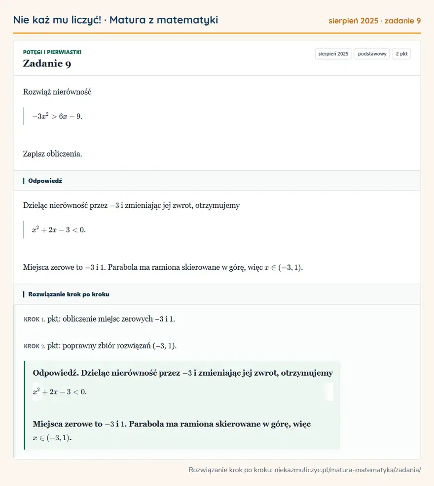 Rozwiązanie zadania 9 (matura z matematyki sierpień 2025): Rozwiąż nierówność -3x²>6x-9. Zapisz obliczenia.