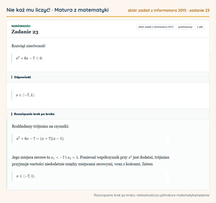 Rozwiązanie zadania 23, zbiór zadań z informatora CKE 2015, poziom podstawowy: Rozwiąż nierówność x²+6x-7≤0. Odpowiedź: x∈-7,1