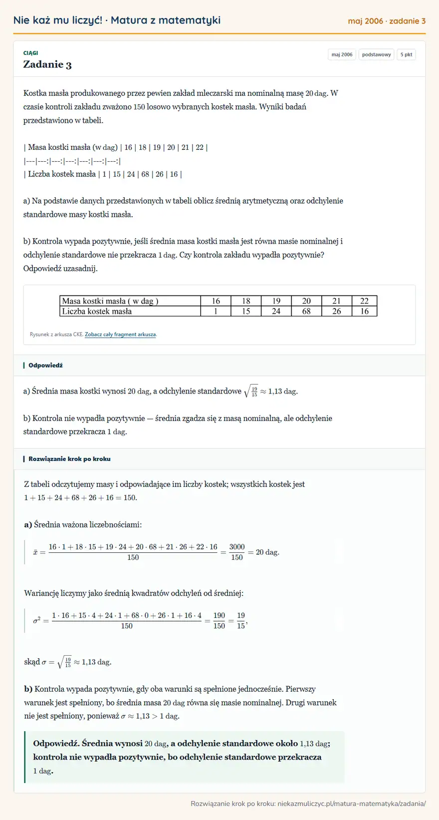 Rozwiązanie zadania 3 (matura z matematyki maj 2006): Kostka masła produkowanego przez pewien zakład mleczarski ma nominalną masę 20 dag. W czasie kontroli zakładu…