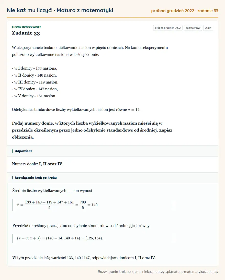 Rozwiązanie zadania 33 (matura z matematyki próbna grudzień 2022): W eksperymencie badano kiełkowanie nasion w pięciu donicach. Na koniec eksperymentu policzono wykiełkowane…