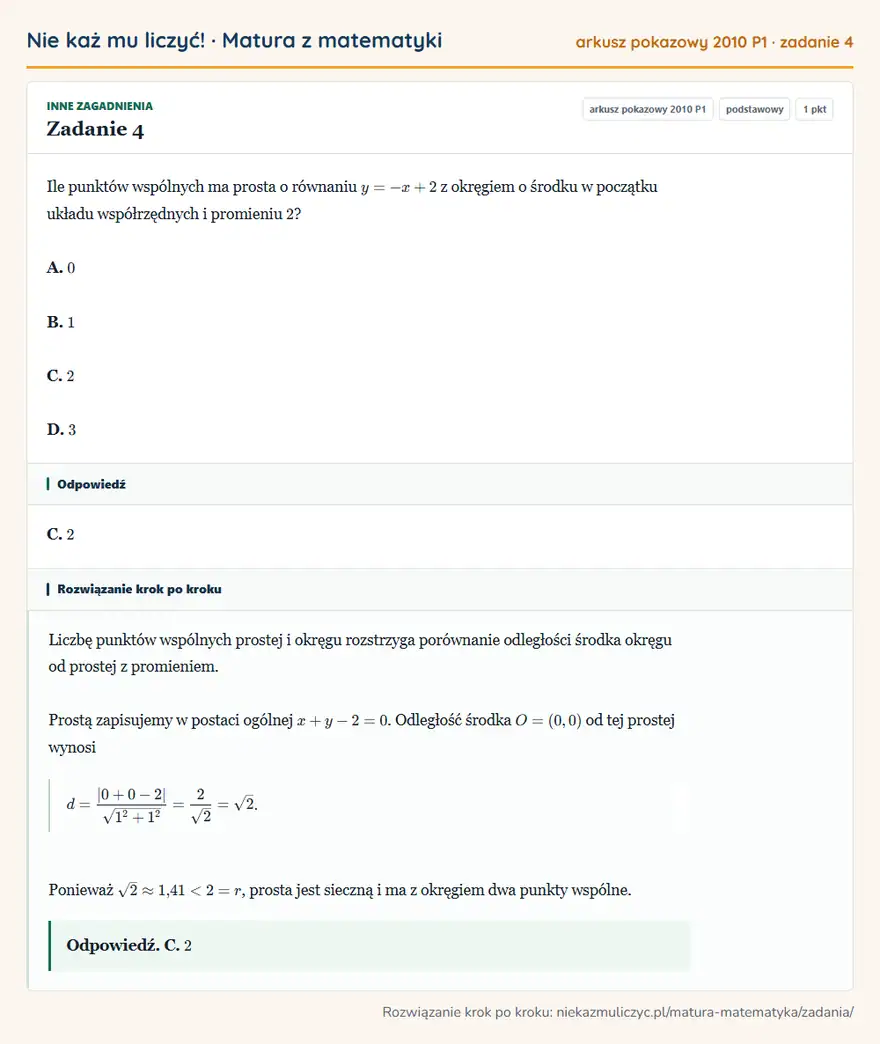 Rozwiązanie zadania 4, matura z matematyki, arkusz pokazowy 2010 P1, poziom podstawowy: Ile punktów wspólnych ma prosta o równaniu y=-x+2 z okręgiem o środku w początku układu współrzędnych i… Odpowiedź: C. 2