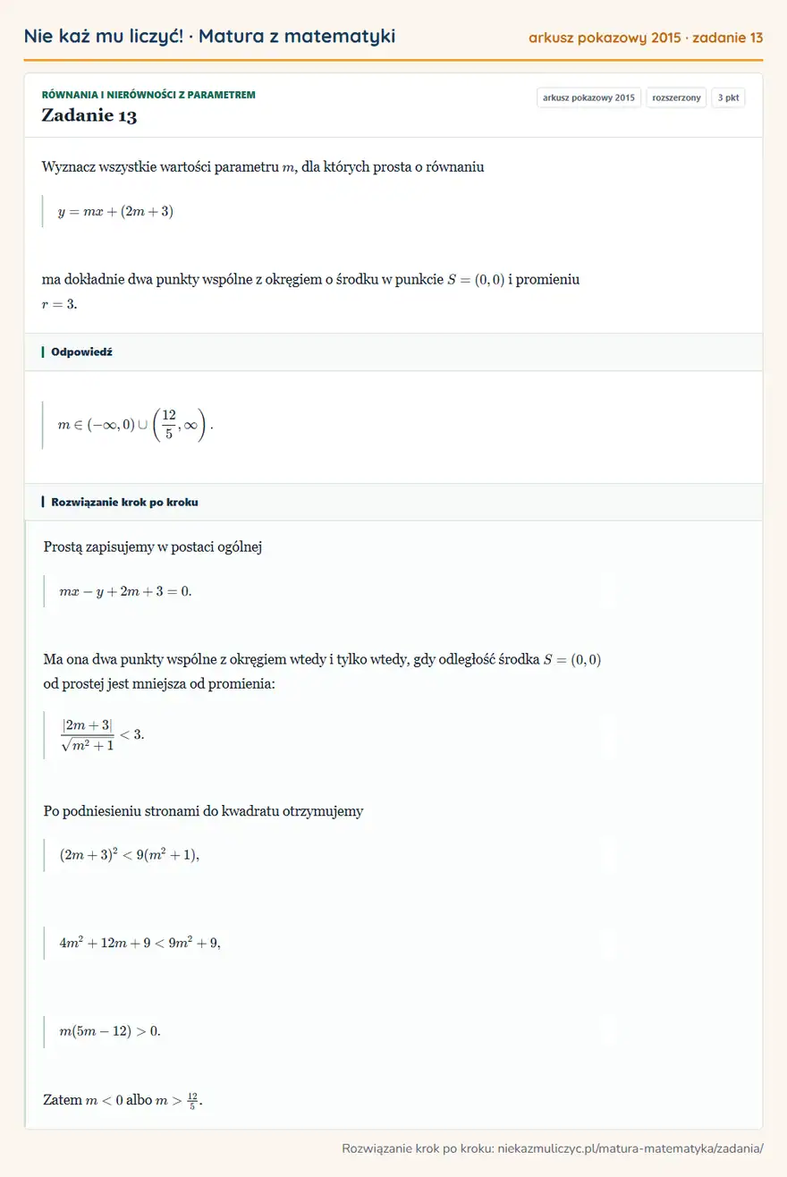 Rozwiązanie zadania 13, matura z matematyki, arkusz pokazowy 2015, poziom rozszerzony: Wyznacz wszystkie wartości parametru m, dla których prosta o równaniu y=mx+(2m+3) ma dokładnie dwa punkty… Odpowiedź: m∈(-∞,0) (12/5,∞ )