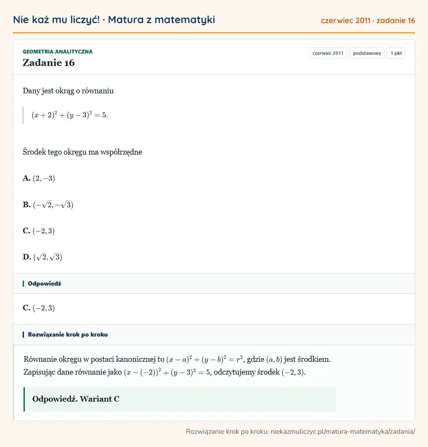 Rozwiązanie zadania 16, matura z matematyki czerwiec 2011, poziom podstawowy: Dany jest okrąg o równaniu (x+2)²+(y-3)²=5. Środek tego okręgu ma współrzędne A. (2,-3) B. (-√2,-√3) C… Odpowiedź: C. (-2,3)