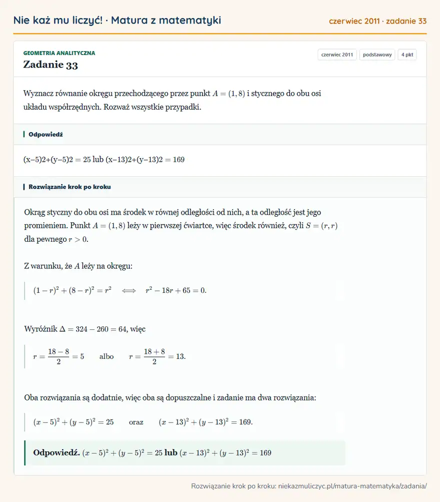 Rozwiązanie zadania 33 (matura z matematyki czerwiec 2011): Wyznacz równanie okręgu przechodzącego przez punkt A=(1,8) i stycznego do obu osi układu współrzędnych…