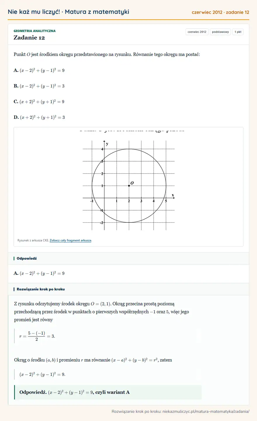 Rozwiązanie zadania 12 (matura z matematyki czerwiec 2012): Punkt O jest środkiem okręgu przedstawionego na rysunku. Równanie tego okręgu ma postać: A. (x-2)²+(y-1)²=9…