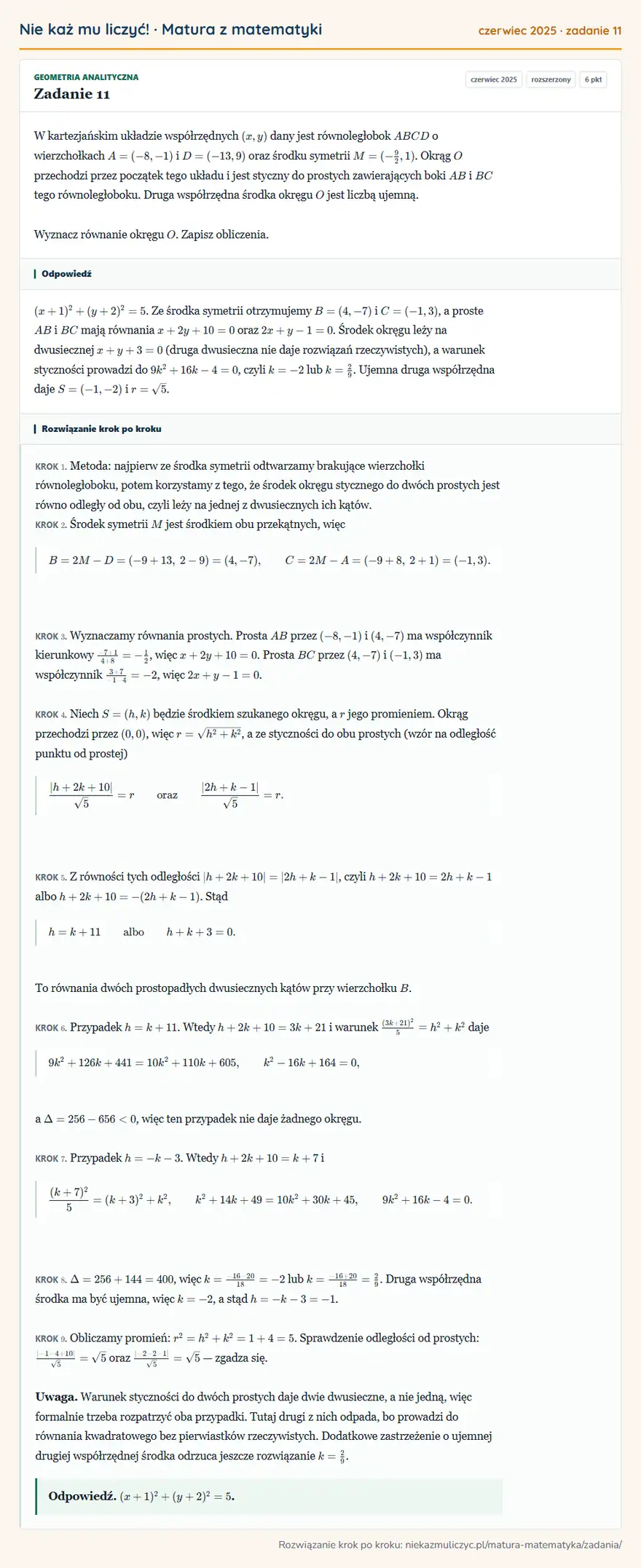 Rozwiązanie zadania 11 (matura z matematyki czerwiec 2025): W kartezjańskim układzie współrzędnych (x,y) dany jest równoległobok ABCD o wierzchołkach A=(-8,-1) i…